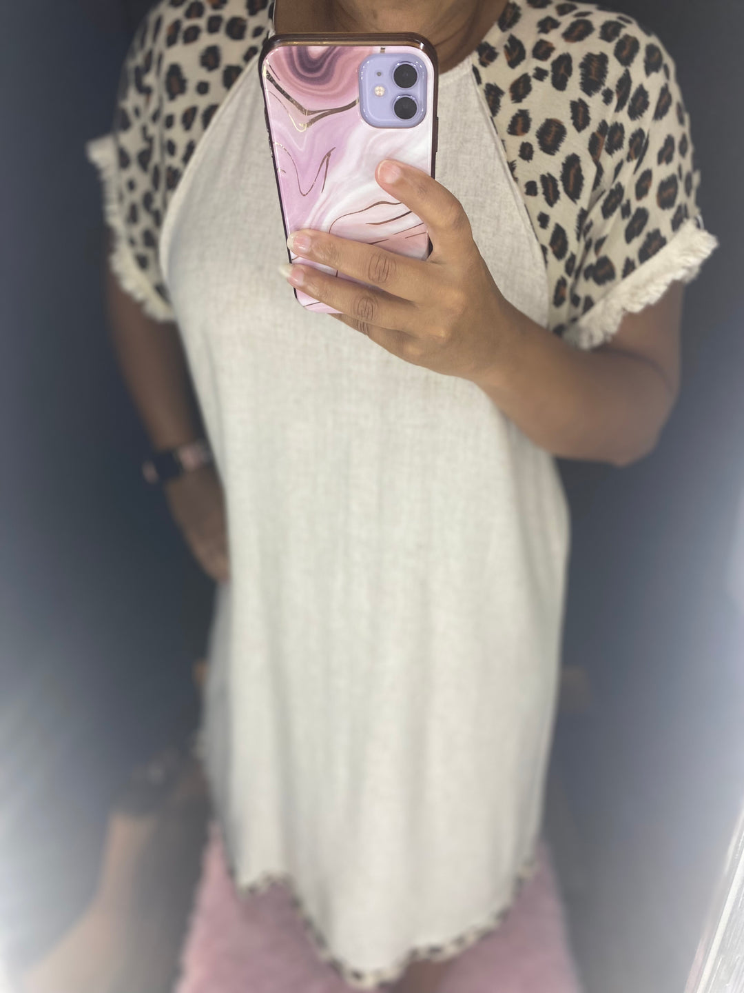 Leopard Sleeve Ecru Dress