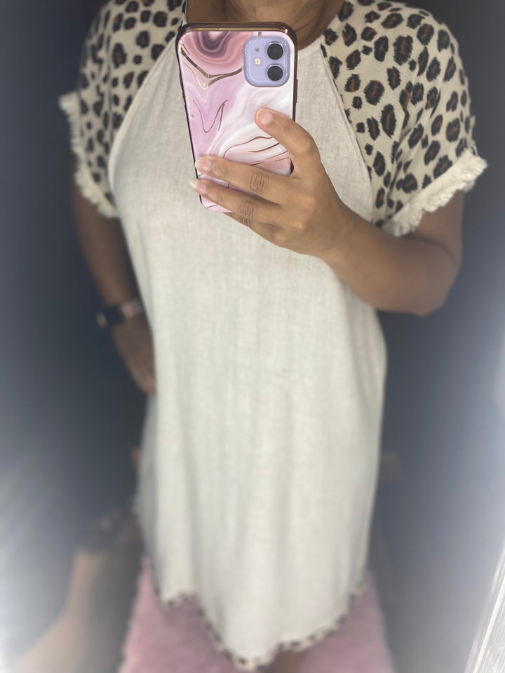 Leopard Sleeve Ecru Dress