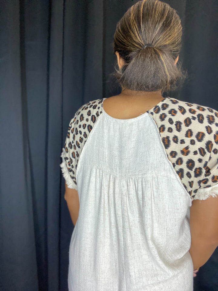 Leopard Sleeve Ecru Dress