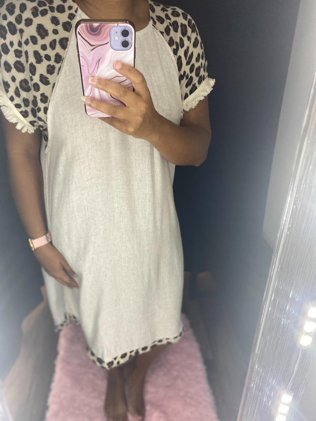 Leopard Sleeve Ecru Dress