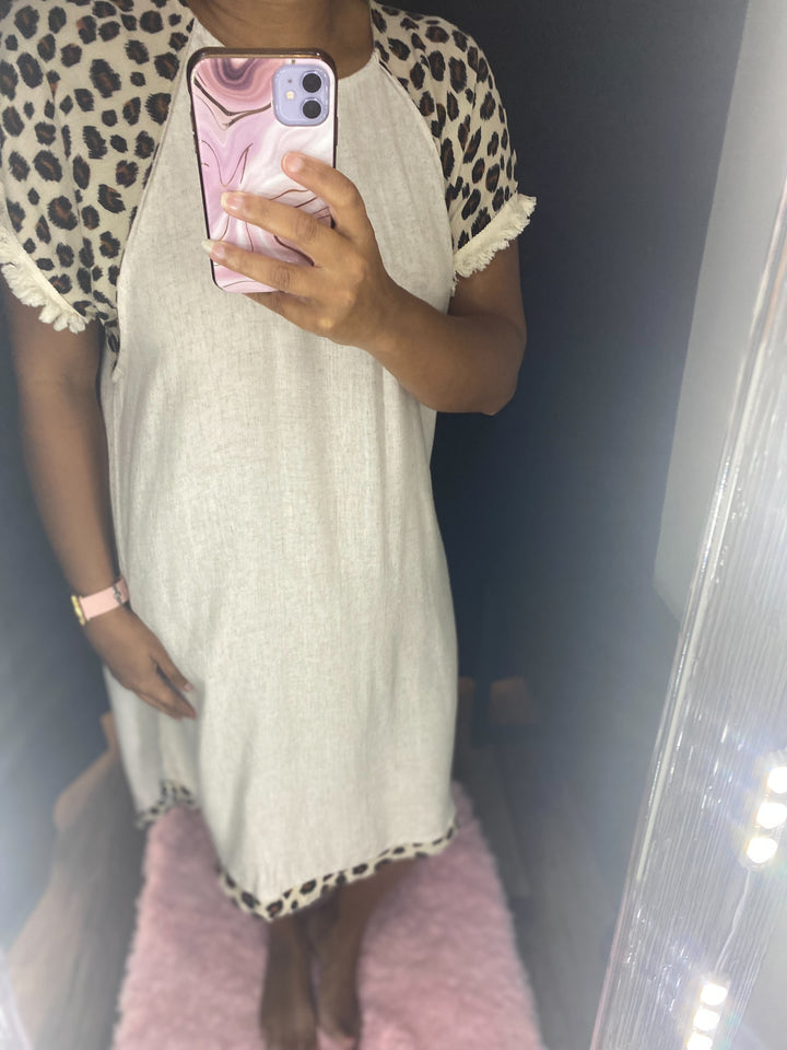 Leopard Sleeve Ecru Dress