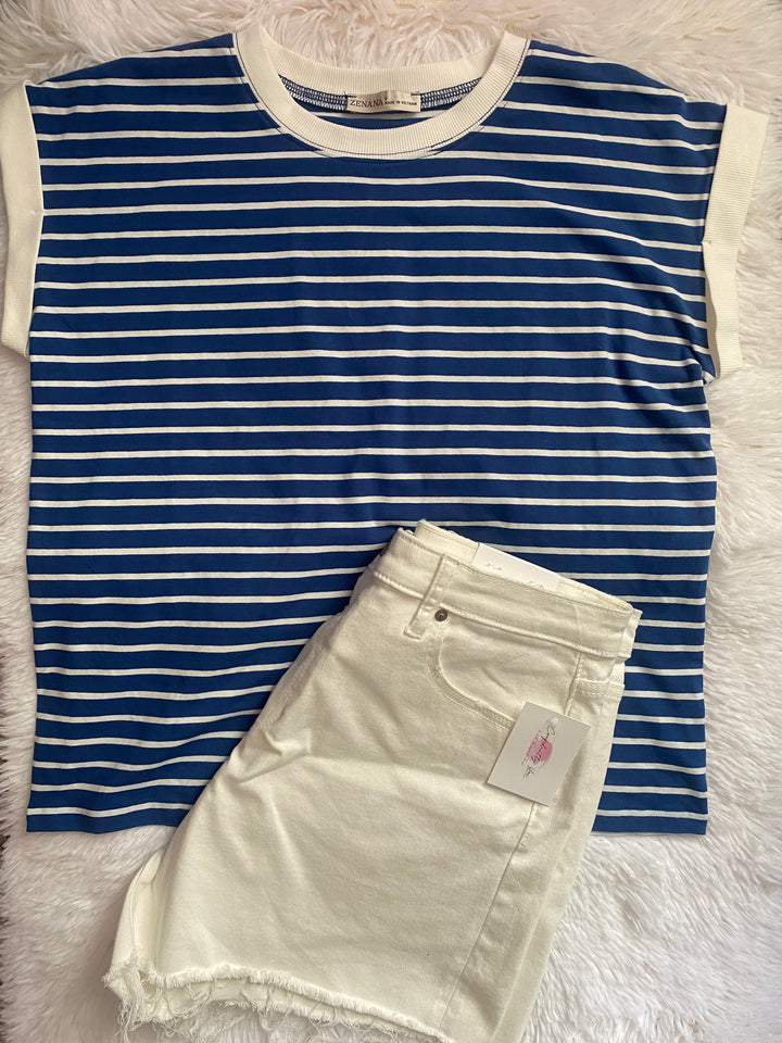 Navy Cap Sleeve Striped Top