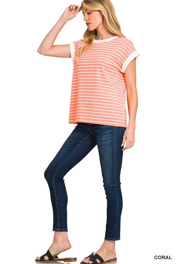 Coral Cap Sleeve Striped Top