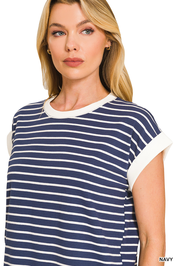 Navy Cap Sleeve Striped Top