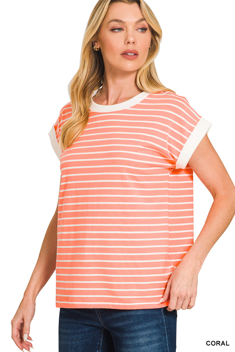 Coral Cap Sleeve Striped Top