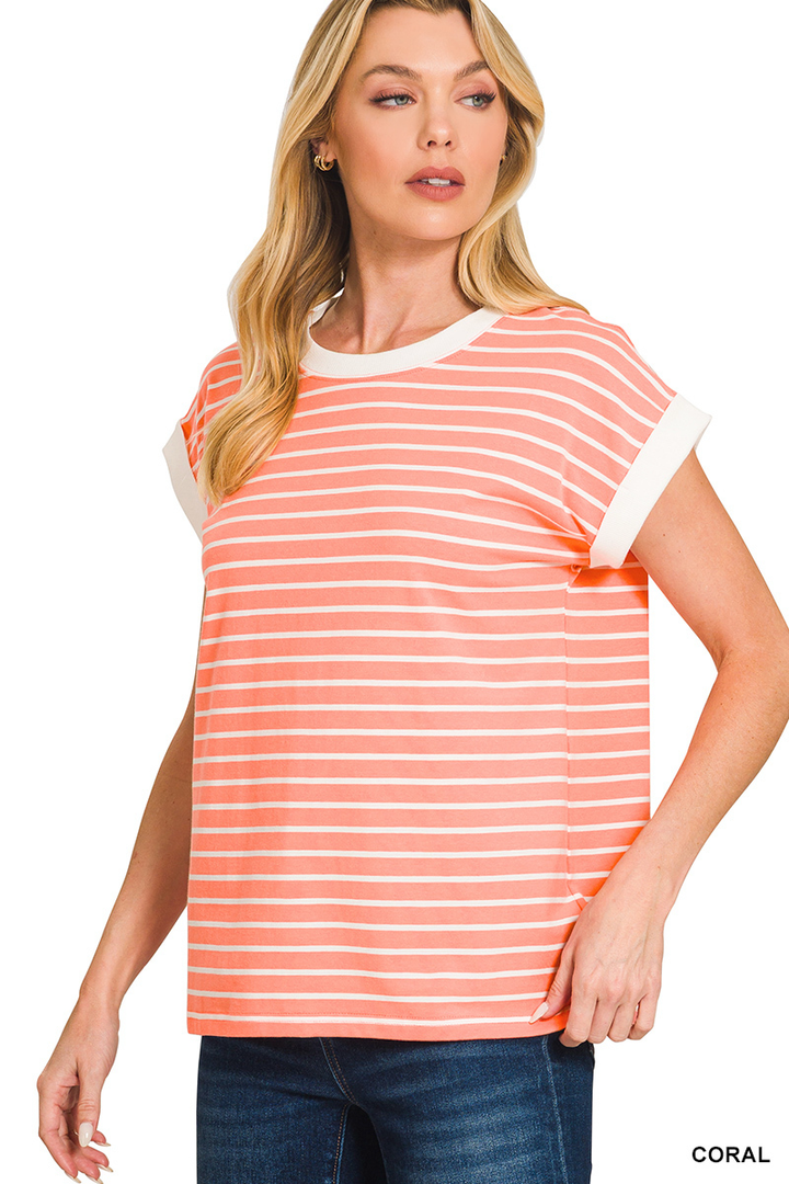 Coral Cap Sleeve Striped Top