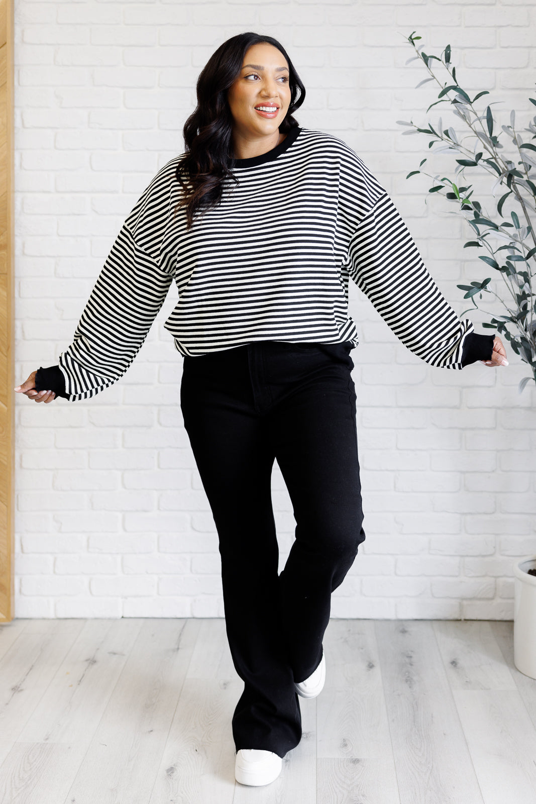 Too Good to Be True Striped Drop Shoulder Top in Black